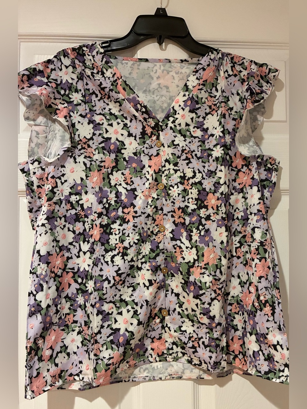 SHEIN Multi-Color Floral V-Neck Button Front Ruffle Sleeve Top